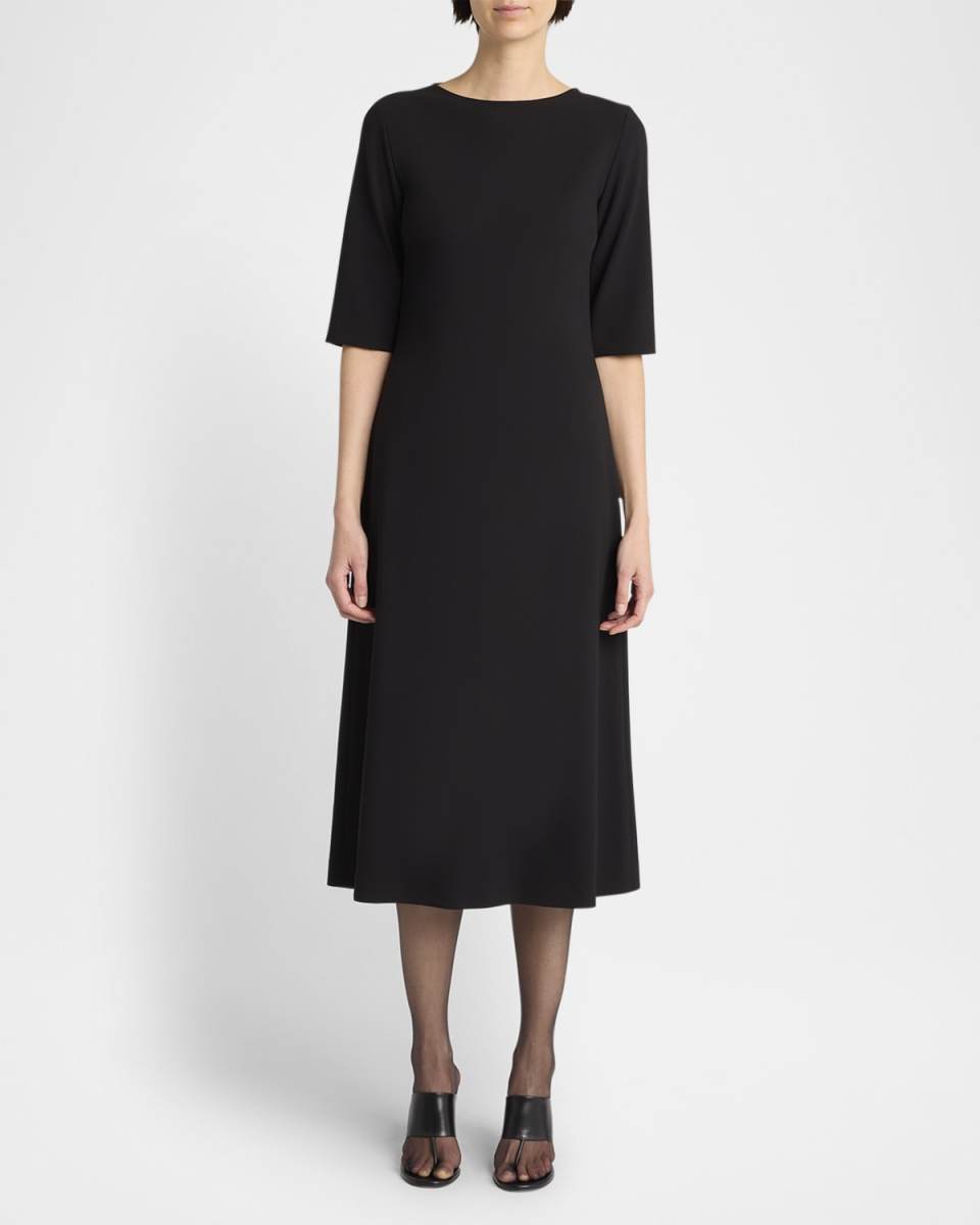 Solene Elbow-Sleeve Crepe Midi A-Line Dress